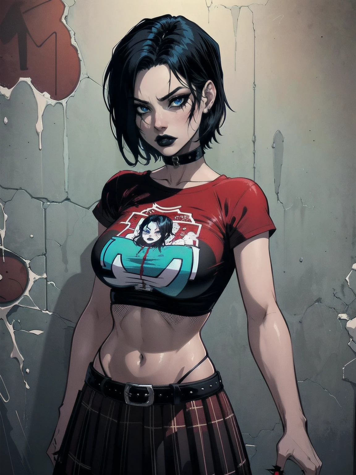 a woman with short black hair, hair on shoulders,  wearing a red t-shirt  and plaid skirt, blue eyes, zombie art, gothic art, cute aesthetic with vibe, toon aesthetic, wearing red costume, wearing gothic accessories, look like Cassie Hack, upper body, horror background