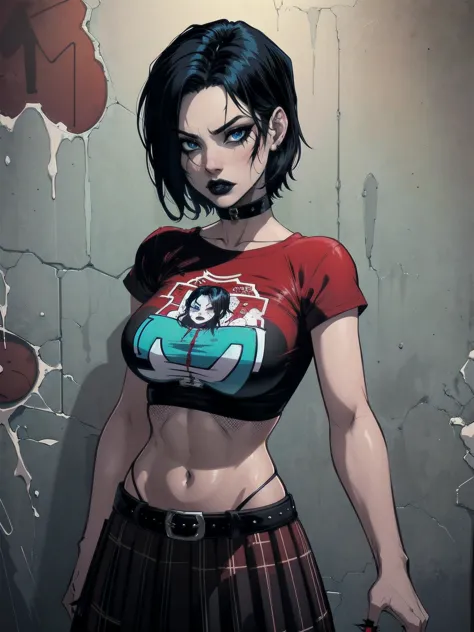 a woman with short black hair, hair on shoulders,  wearing a red t-shirt  and plaid skirt, blue eyes, zombie art, gothic art, cu...