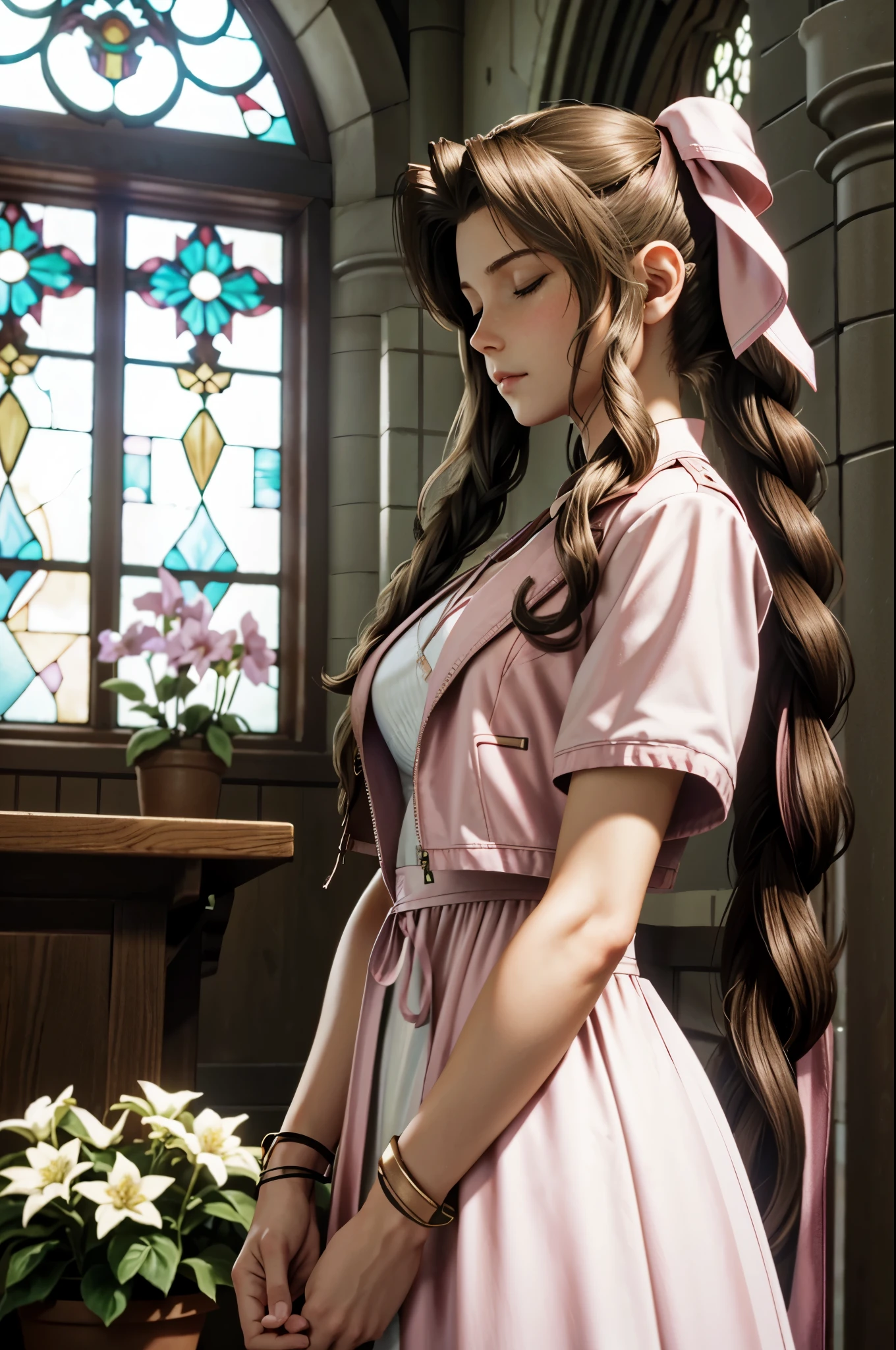 (masterpiece, highest quality)
Aeris FF7, 1 girl, alone, long hair, chest, looking at the viewer, large chest, brown hair, dress, bow, ribbon, jewelry, medium chest, green eyes, Jacket, hair ribbon, Braid, flower, short sleeve, hair bow, side lock, parted lips, open clothes, bracelet, From the side, open Jacket, lips, Depth of the bounds written, white flower, pink dress, red Jacket, cropped Jacket, Braided ponytail, realistic, nose, dappled sunlight, leaning forward, with closed eyes, closed mouth, With hands folded in a prayer pose、Inside the church, Inside the chapel, stained glass window, The composition is bathed in light from the ceiling.
