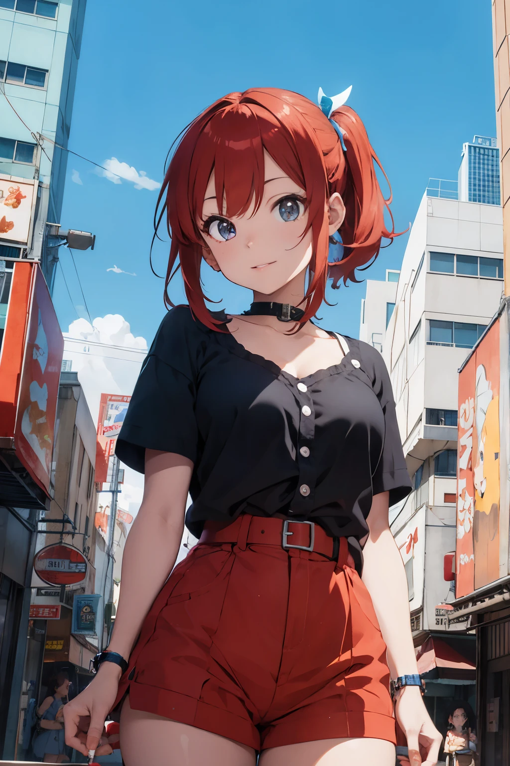 Anime girl in short shorts and black shirt walking down a city street -  SeaArt AI