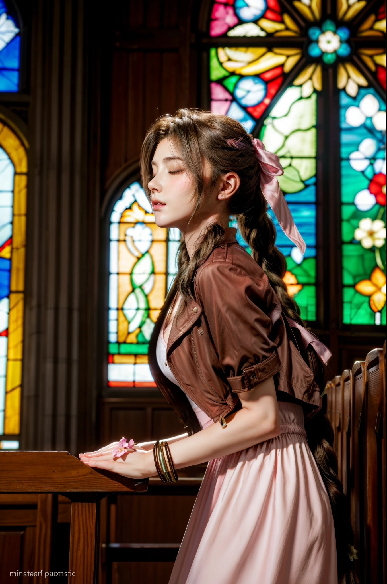 (masterpiece, highest quality) Air FF7, 1 girl, alone, long hair, chest, looking at the viewer, large chest, brown hair, dress, bow, ribbon, jewelry, medium chest, green eyes, Jacket, hair ribbon, Braid, flower, short sleeve, hair bow, side lock, parted lips, open clothes, bracelet, From the side, open Jacket, lips, written boundary depth, white flower, pink dress, red Jacket, cropped Jacket, Braided ponytail, realistic, nose, dappled sunlight, leaning forward, close your eyes, closed mouth, clasping hands together in a prayer pose、Inside the church, Inside the chapel, stained glass window, Composition with light pouring down from the ceiling.