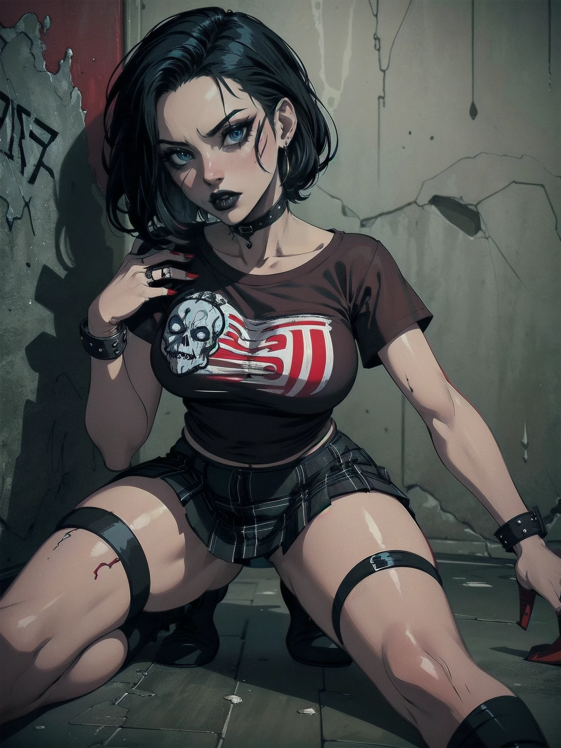 a woman with short black hair, hair on shoulders,  wearing a red t-shirt  and plaid skirt, blue eyes, zombie art, gothic art, cute aesthetic with vibe, toon aesthetic, wearing red costume, wearing gothic accessories, Cassie Hack, slasher killer, whole body, siiting on the ground, horror background, cemitery