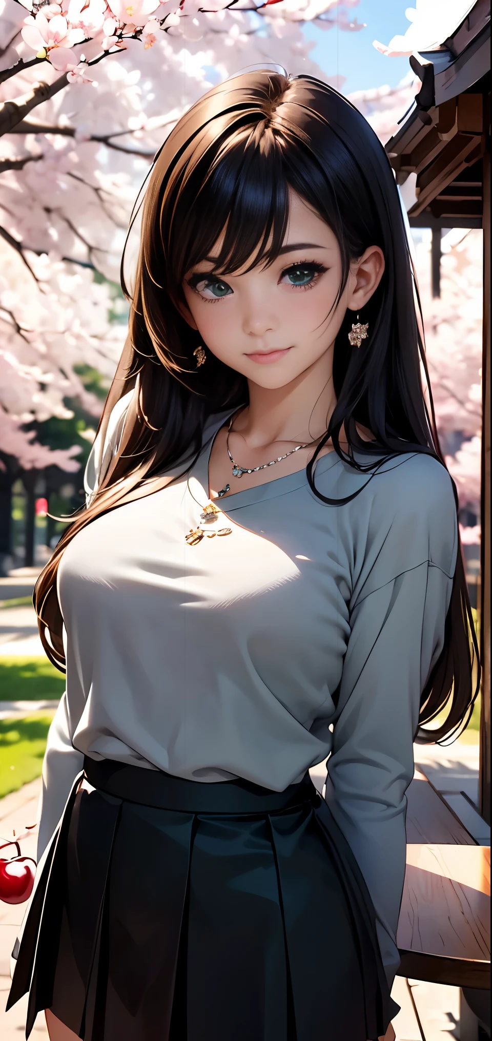 ((table top, highest quality, High resolution, nffsw, perfect pixel, Depth of written boundary, 4k, nffsw, nffsw))), 1 girl, single, alone, beautiful anime girl, beautiful art style, anime character, ((long hair, bangs, brown hair)), ((green eyes:1.4, round eyes, beautiful eyelashes, realistic eyes)), ((detailed face, blush:1.2)), ((smooth texture:0.75, realistic texture:0.65, realistic:1.1, Anime CG style)),  dynamic angle, ((black sweater, long sleeve, black skirt, plaid skirt, Snazzy, 1 diamond necklace)), smile,  amusement park, ((cherry blossoms, cherry blossomsの花が散る))