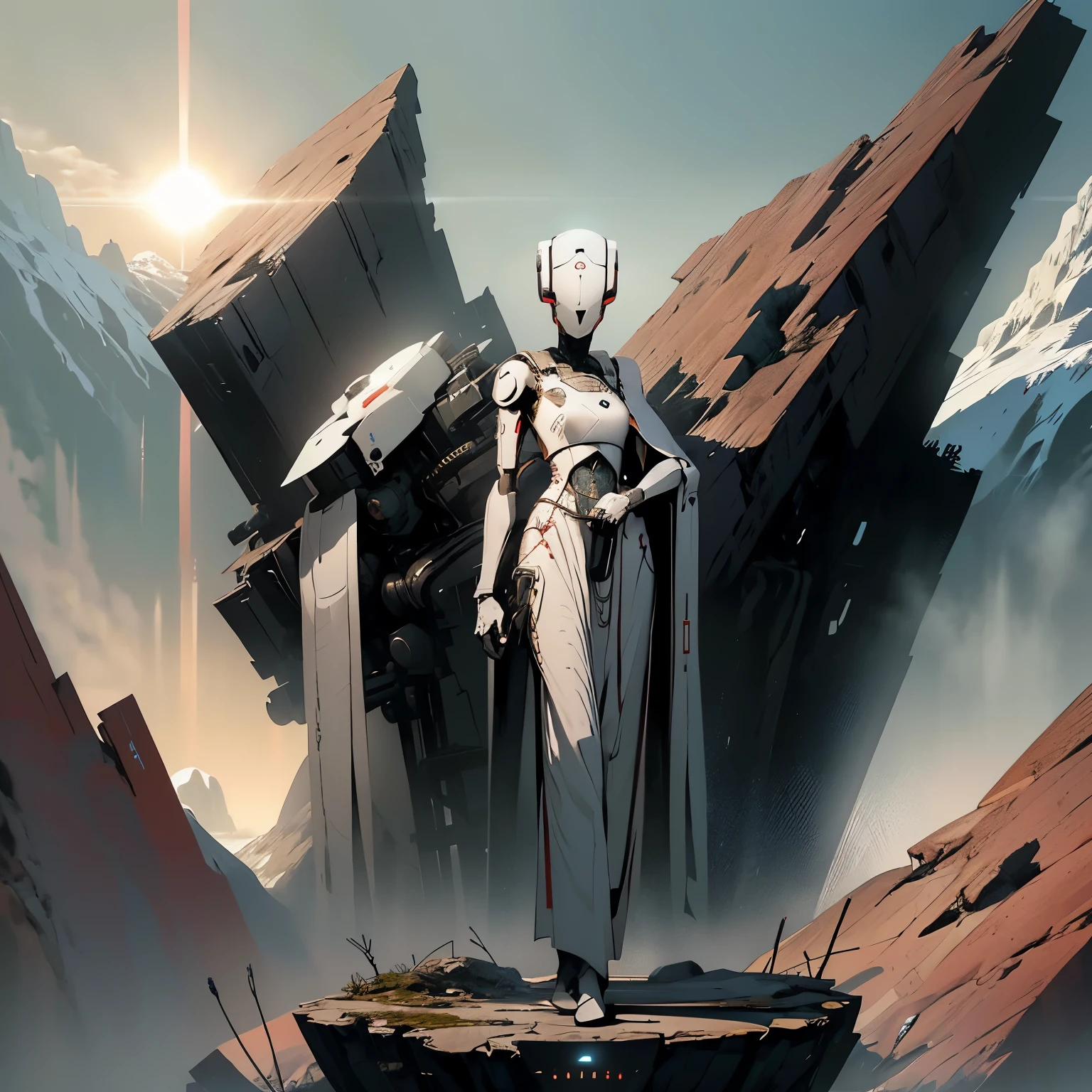 Feminine robot standing atop a futuristic balcony, overlooking a sprawling pine forest, large mountain range out on the horizon, robot is wearing a perfect white dress, very slender frame, foggy, sun setting behind the mountains 