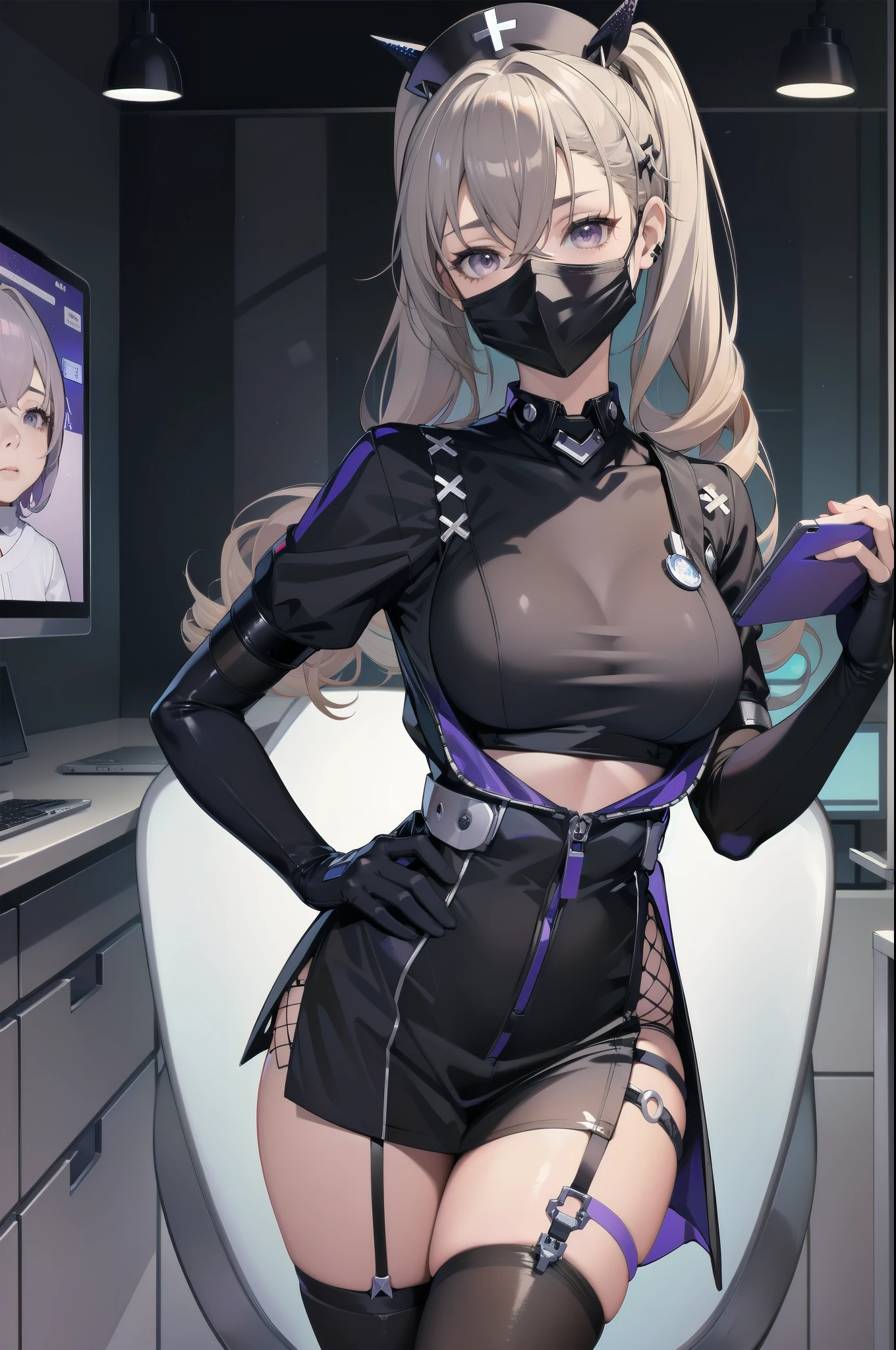 black nurse, 1girl, solo, black nurse cap, black wear, ((black legwear, zettai ryouiki)), black elbow gloves, twintails, yellow hair, purple eyes, ((black surgical mask, covered nose)), standing, ((surgery room)), sharp outline, short sleeves, best quality, masterpiece