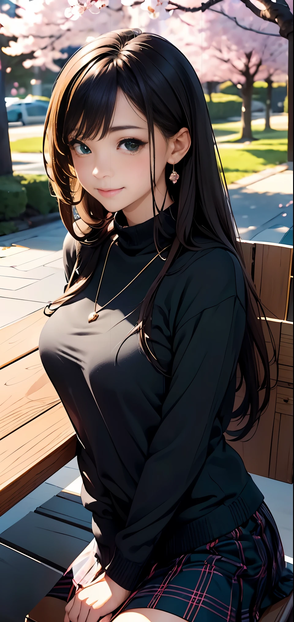 ((dessus de la table, la plus haute qualité, Haute résolution, nffsw, Pixel parfait, Profondeur de la limite écrite, 4K, nffsw, nffsw))), 1 fille, célibataire, seul, belle fille animée, beau style artistique, Personnage d&#39;Anime, ((cheveux longs, frange, cheveux bruns)), ((yeux verts:1.4, Yeux ronds, de beaux cils, réaliste eyes)), ((visage détaillé, Rougir:1.2)), ((texture lisse:0.75, réaliste texture:0.65, réaliste:1.1, style animé en images de synthèse)),  angle dynamique, ((pull noir, manche longue, jupe noire, jupe à carreaux, Élégant, 1 collier de diamants)), sourire,  parc d&#39;attractions, ((fleurs de cerisier, fleurs de cerisierの花が散る))