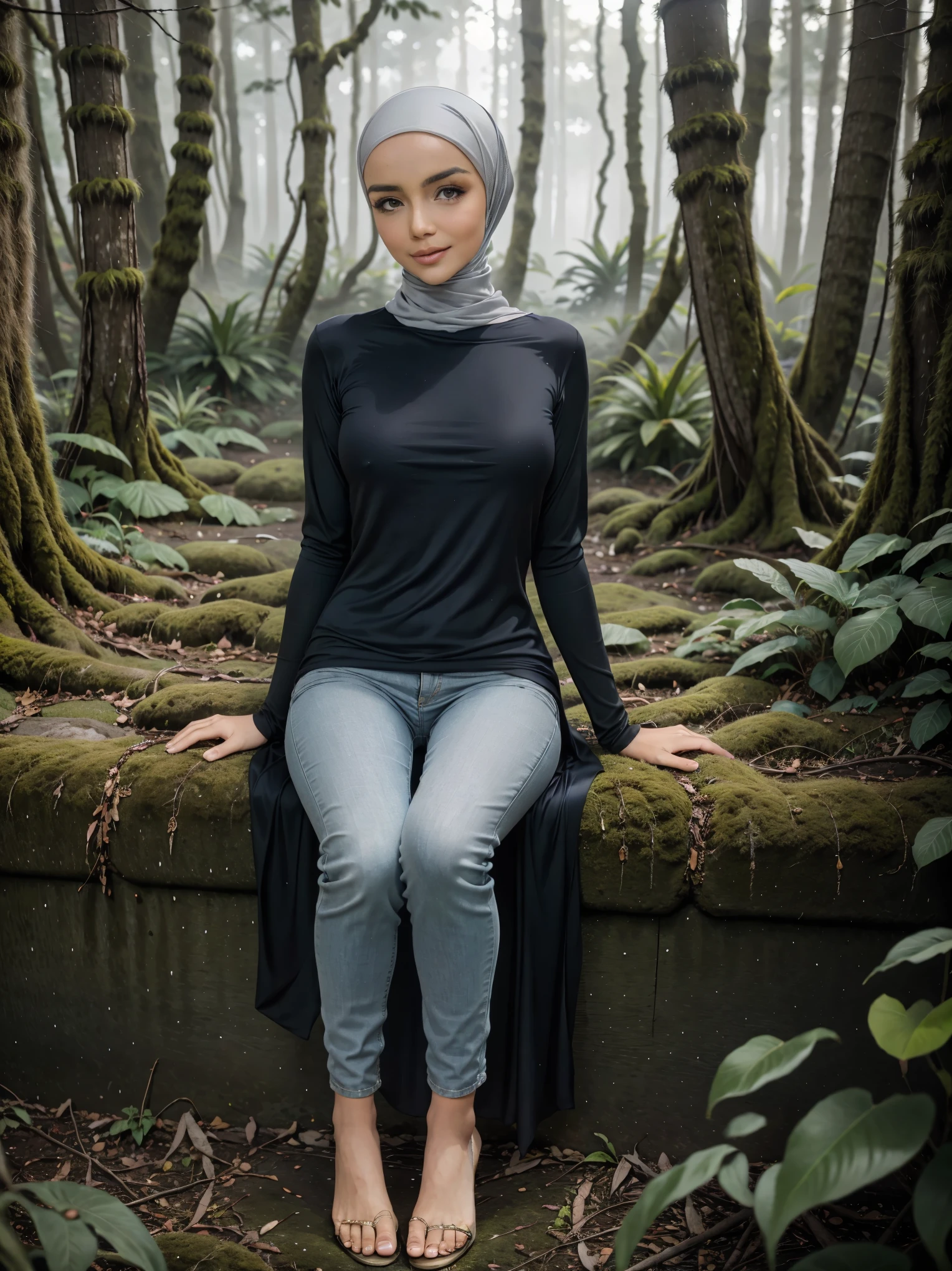 RAW, Best quality, high resolution, masterpiece, Beautiful woman in hijab, looking at viewer, Portrait photography of a beautiful young girl in hijab , wearing ((gray satin headscarf)), loosely tide hijab style, Wearing a turtleneck sweater and skinny jeans, Detailed eyes, standding on the mossy ground in rain forest, diffuselighting, depth of fields