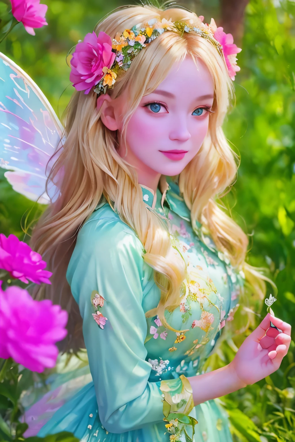  The Highest Masterpiece,classical art, Best quality, летящая по воздуху прекрасная fairy with a flower in her hand  , large colorful wings behind the back , shining wings against a background of forest and flowers, detailed image of the beautiful face of a fairy girl , beautiful face, blond, luxuriant hair , beautiful wreath of flowers on your head , rainbow shining dress
,The Flower Fairy, fairy with a flower in her hand ,photo-portrait of a fairy girl flying through the air like a strikoza, highest quality !