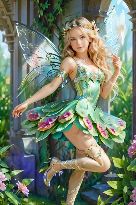 the highest masterpiece,classical art, best quality, летящая по воздуху прекрасная fairy with a flower in her hand , large color...