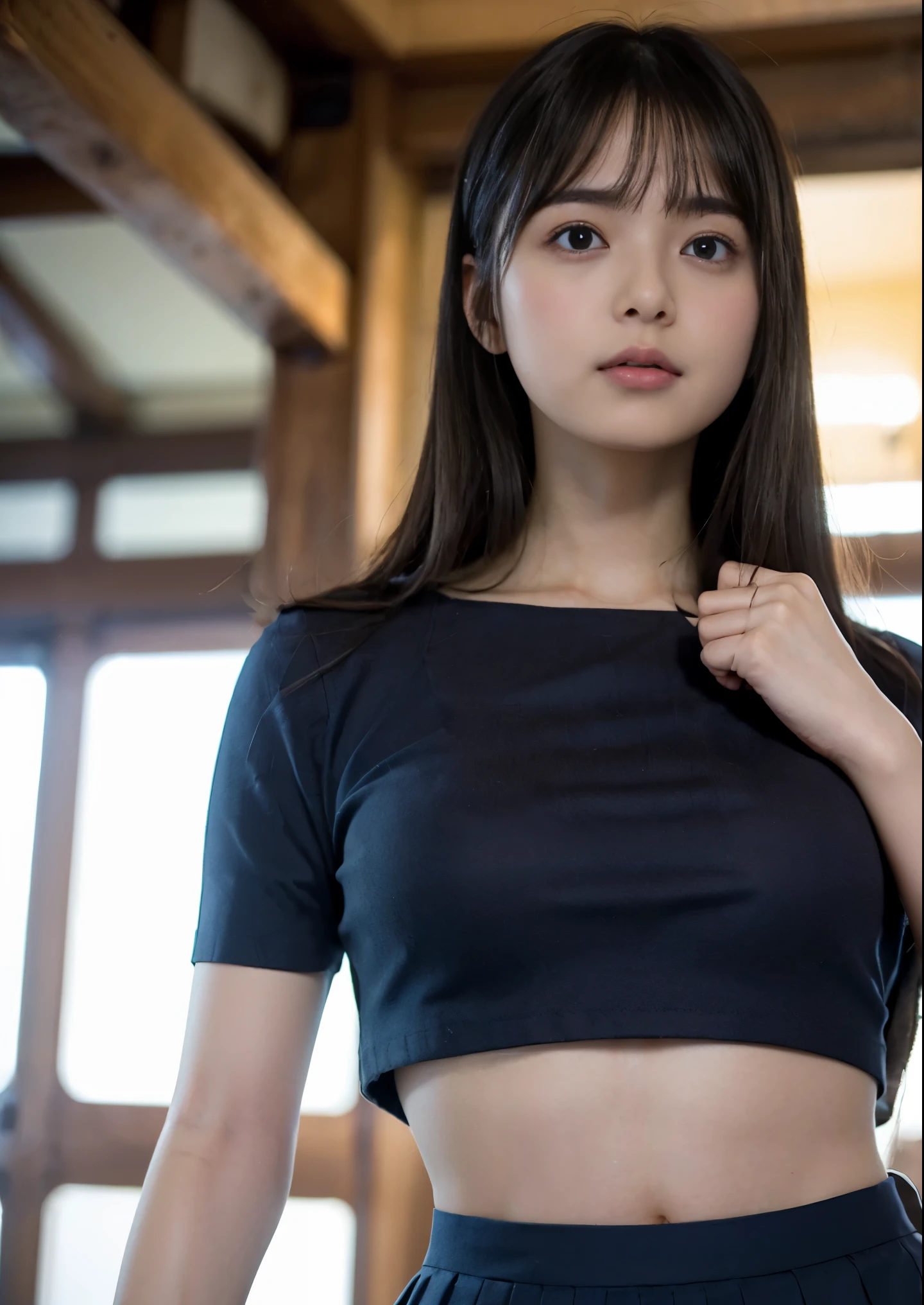 Arafed asian woman in a black top and skirt posing for a picture - SeaArt AI