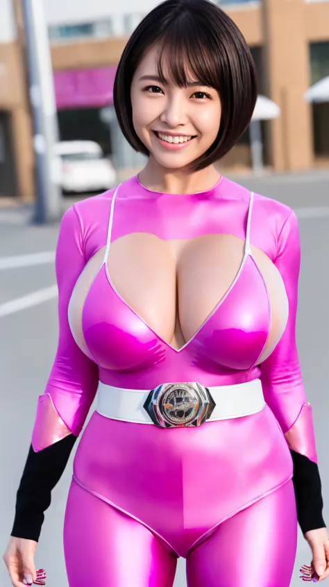 (8K、ultra high resolution、highest quality、masterpiece、realistic、ultra high resolution)、(((Must be female、Always shiny neon pink Power Rangerust have big breasts、tight buttocks)、Definitely a shiny neon pink patent leather full body suit、(big emblem on the c...