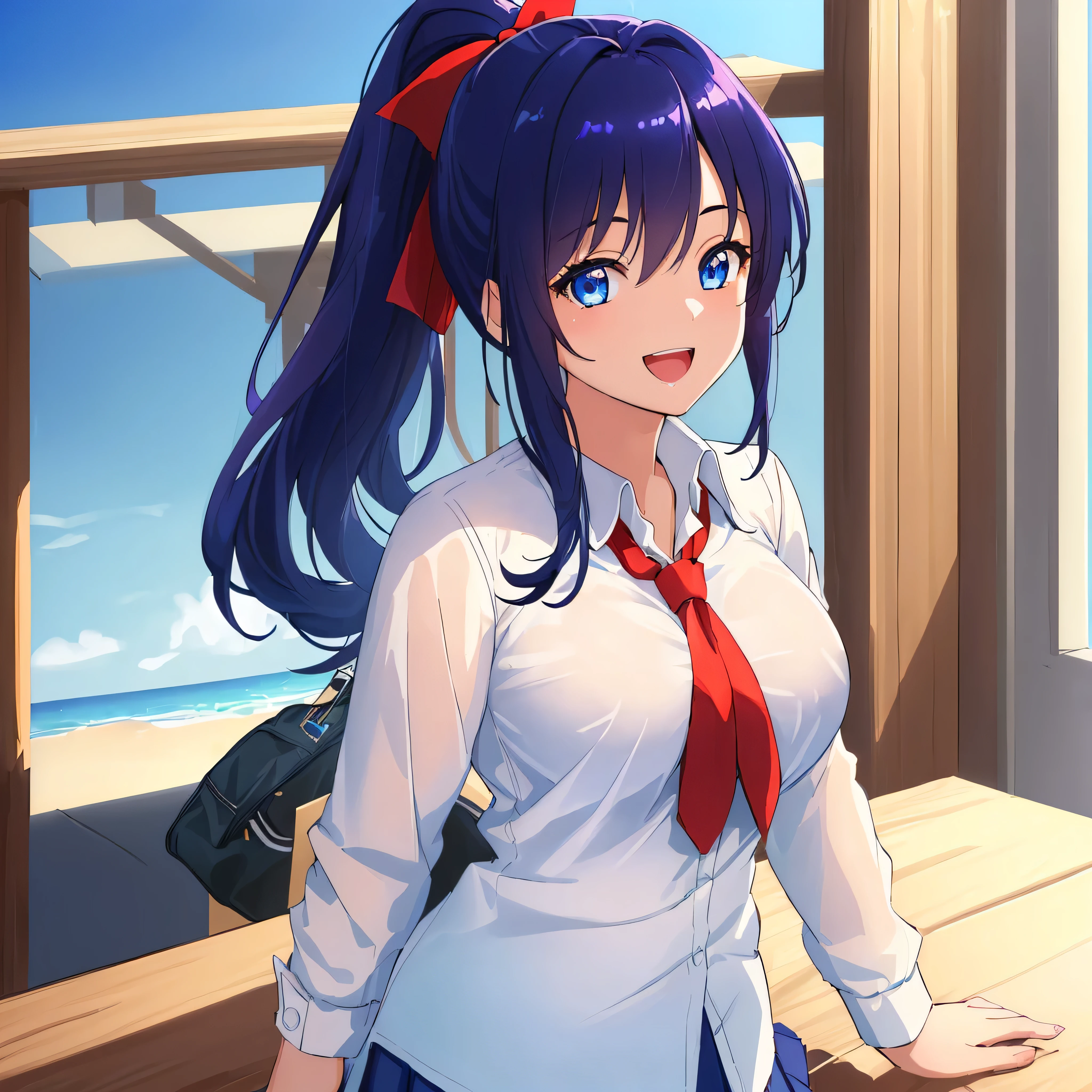 Anime girl with long hair and blue eyes in a white shirt and red tie -  SeaArt AI