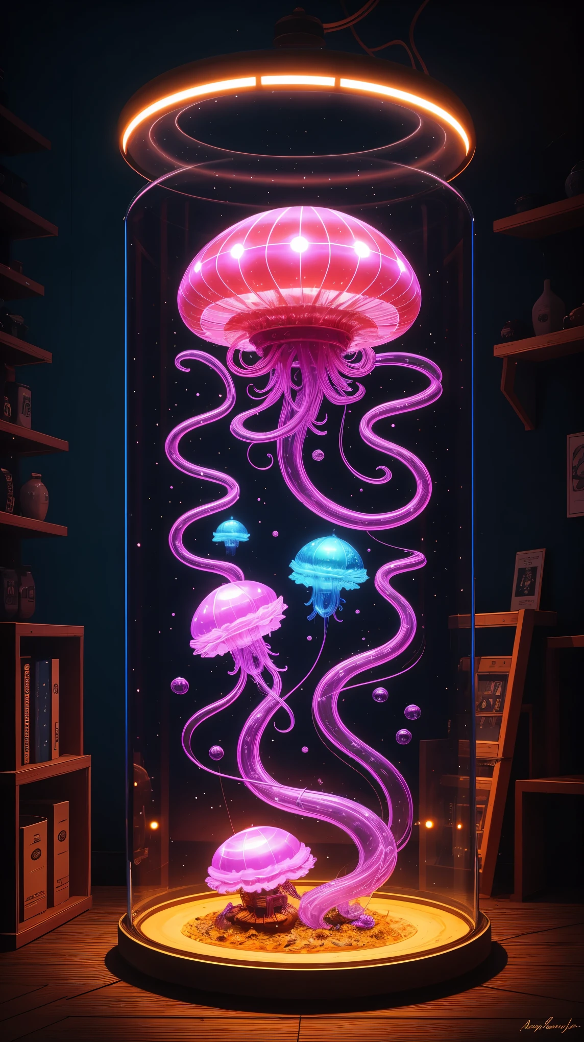 COMG3O,best quality,ultra-detailed,realistic,jellyfish,swimming underwater,glowing bioluminescence,fluid movement,transparent body,graceful tentacles,ethereal beauty,soft and gentle colors,subtle lighting,marine life exhibit,mesmerizing sight,abstract art