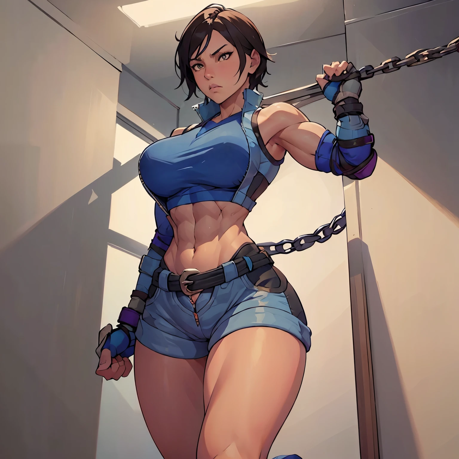 Extra Huge breasts, abs, thick thighs, tight sports bra, tight shorts, hands chained to wall, struggling against chains, angry, shorts ripped to expose vagina