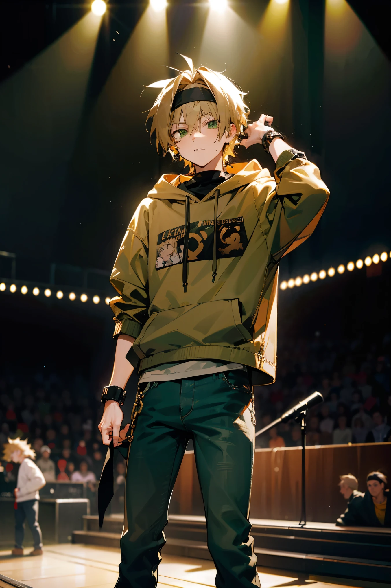 Anime guy in a green jacket and green pants standing on a stage - SeaArt AI