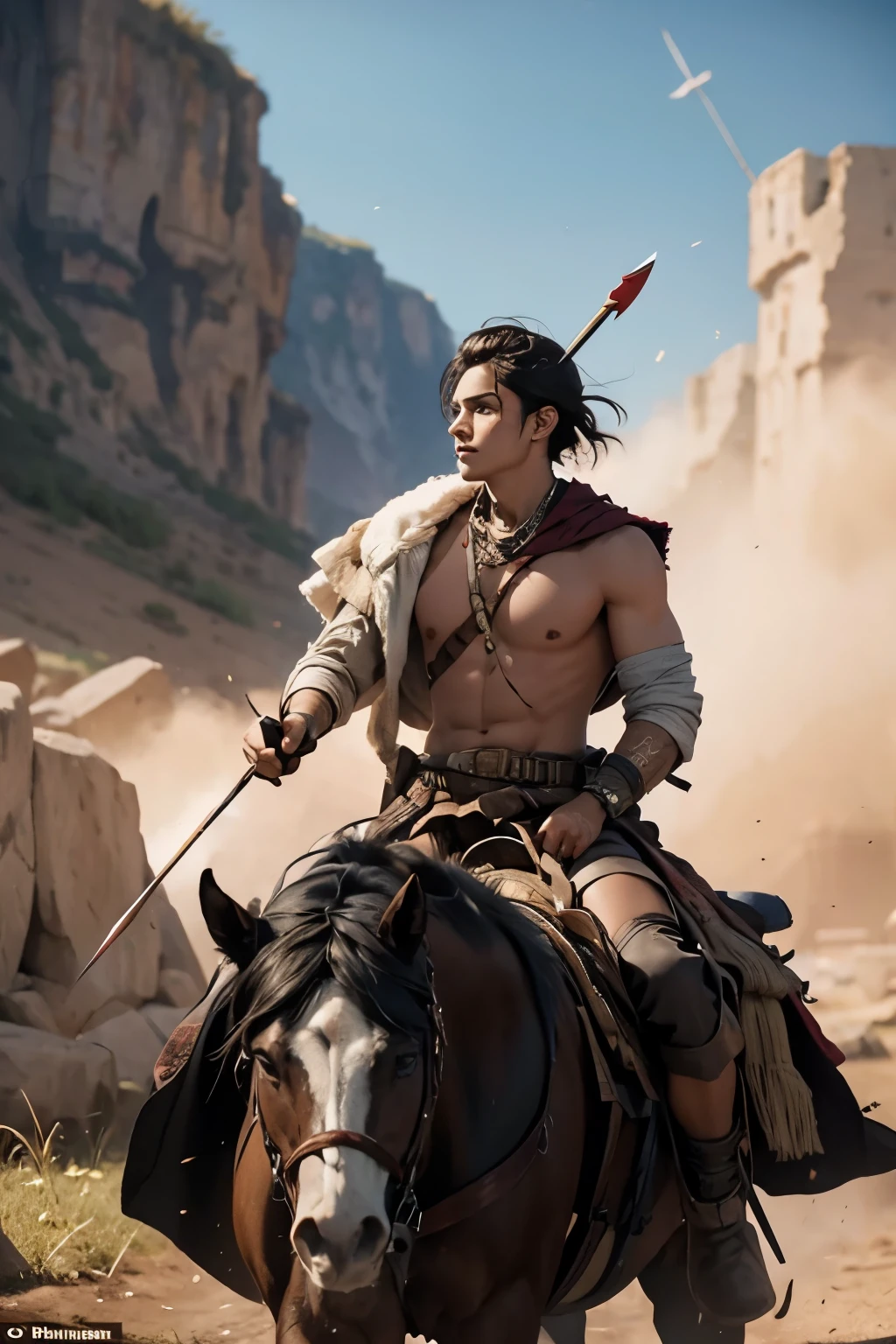 The Last of the Mohicans - a young Indian with war paint on his face. , bow and arrows on the back , Tomahawk in hand (Battle Ax), handsome man riding a horse , beautiful photo of the highest quality !