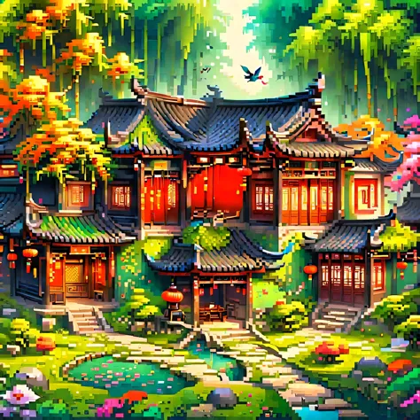 (masterpiece, best quality:1.2), ancient chinese house，bright colors，traditional building，bamboo forest，black tile roof，flower p...