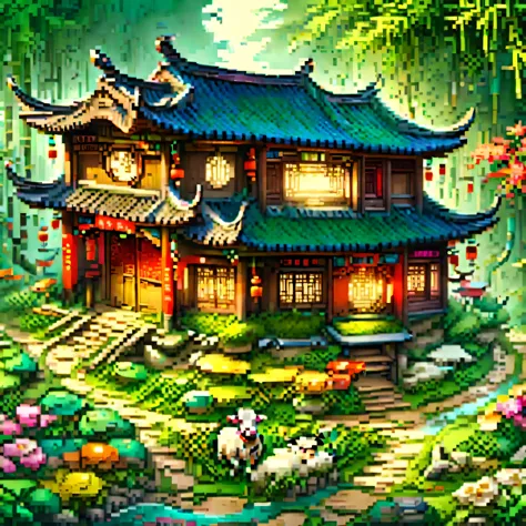 (masterpiece, best quality:1.2), ancient chinese house，bright colors，traditional building，bamboo forest，Flower path，3d，(Aerial v...