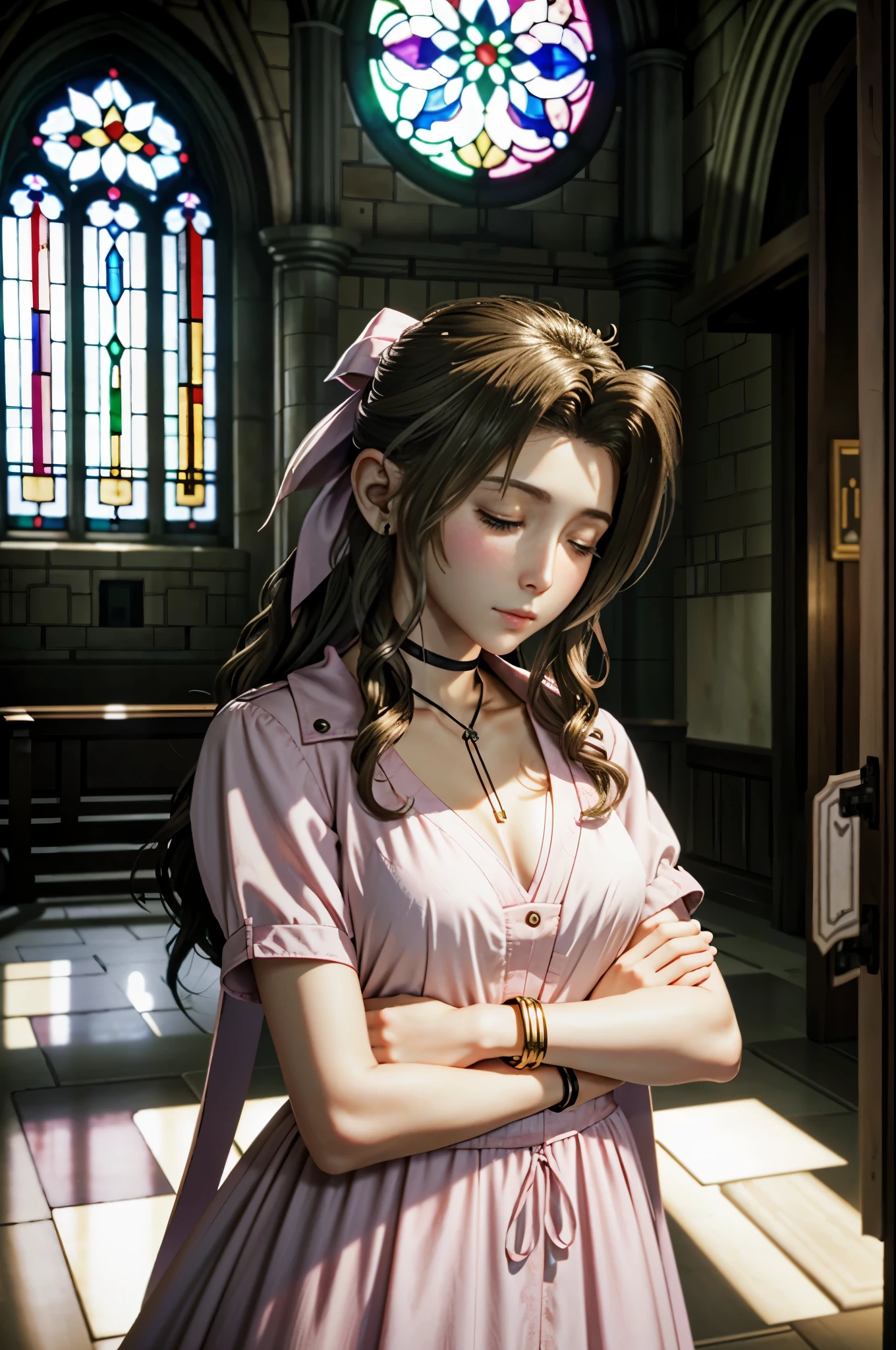 masterpiece, highest quality, Aerith Gainsbourg, choker, cropped jacket, hair ribbon, bracelet, pink dress, looking at the viewer, leaning forward, with closed eyes, closed mouth, With hands folded in a prayer pose、Inside the church, Inside the chapel, stained glass window, The composition is bathed in light from the ceiling.