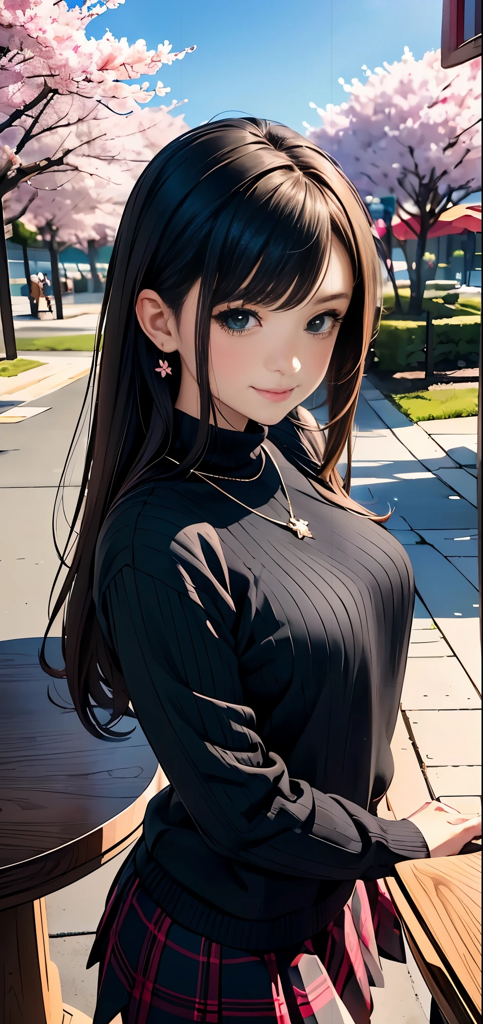 ((dessus de la table, la plus haute qualité, Haute résolution, nffsw, Pixel parfait, Profondeur de la limite écrite, 4K, nffsw, nffsw))), 1 fille, célibataire, seul, belle fille animée, beau style artistique, Personnage d&#39;Anime, ((cheveux longs, frange, cheveux bruns)), ((yeux verts:1.4, Yeux ronds, de beaux cils, réaliste eyes)), ((visage détaillé, Rougir:1.2)), ((texture lisse:0.75, réaliste texture:0.65, réaliste:1.1, style animé en images de synthèse)),  angle dynamique, ((pull noir, manche longue, jupe noire, jupe à carreaux, Élégant, 1 collier de diamants)), sourire,  parc d&#39;attractions, ((fleurs de cerisier, fleurs de cerisierの花が散る))