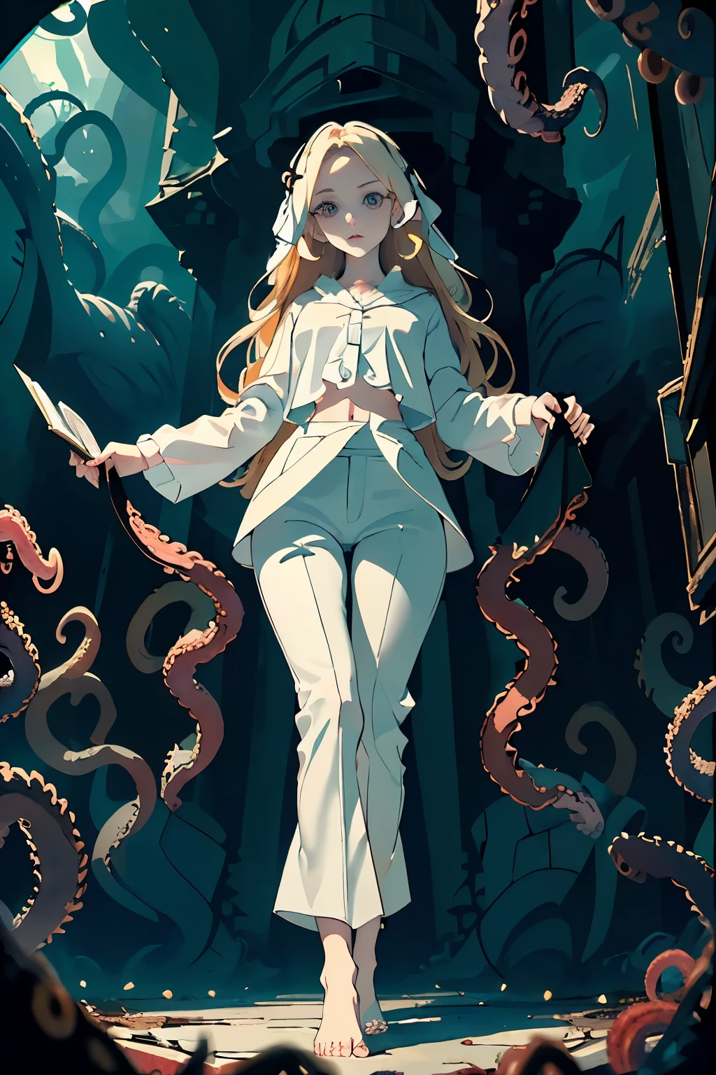 Anime girl in white suit walking through a tunnel with octopus tentacles -  SeaArt AI