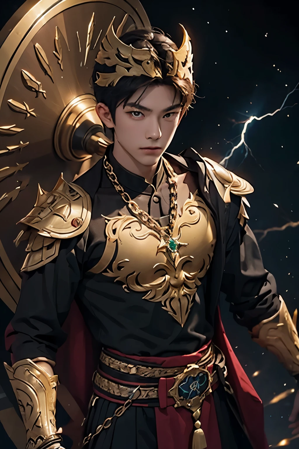 Warrior of the Chinese Nan Dynasty - Привлекательный парень , The guy has very short brown hair, Emerald eyes, on a black background – a galaxy of stars . flash . lightning!. There&#39;s a sword in his hand, from which lightning flies. ! Warrior of the Chinese Nan Dynasty , armored warrior from theracon valley .! golden armor , sword in hand and shield in the other hand ,    warrior helmet on his head ! gold chain with emerald around the neck. High quality portrait photography of Chinese Terracona Valley Warrior !