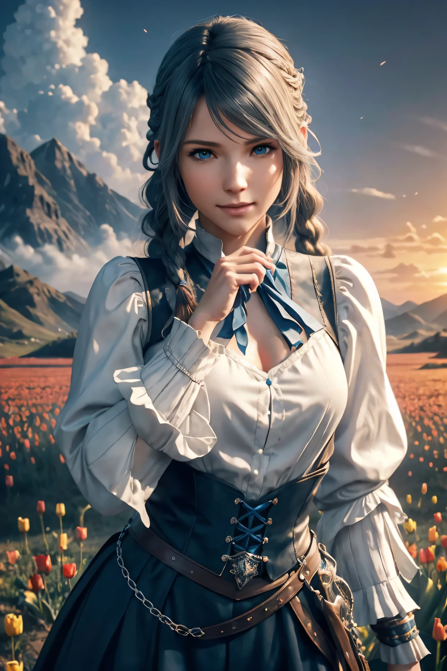 Jill Warrick,Final Fantasy 16,FF16,dark silver hair,long hair,Take down your bangs,1 long braid,beautiful blue eyes,white skin,white ruffle shirt,corn vest,blue ribbon around neck,super high quality,super high quality,masterpiece,digital single lens reflex,realistic,Detailed details,vivid details,depicted in detail,detailed face,Detailed details,Super detailed,realistic skin texture,based on anatomical basis,perfect anatomy,anatomically correct hand,anatomically correct fingers,Complex 3D rendering,sexy pose,beautiful tulip field,Final Fantasy Worldview,fantastic sunset,fantastic sunset,beauty like a painting,smile,