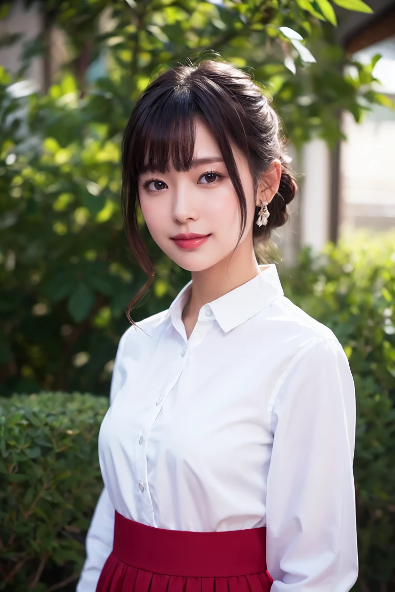 medium view, medium shot, written boundary depth, bust, Upper body, cinematic angle, masterpiece, highest quality, Super detailed, CG, 8k wallpaper, beautiful face, delicate eyes, maiden, alone, smile, bangs, skirt, shirt, have, deep red dress, bow, petal, bouquet