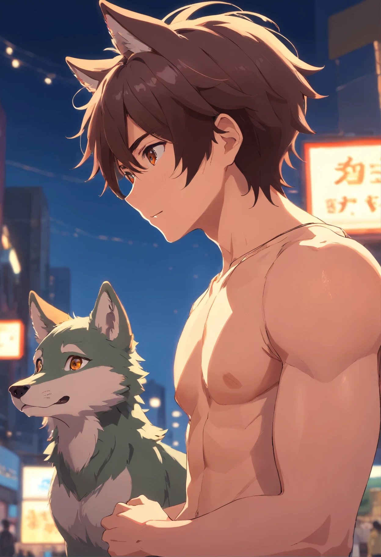 Anime guy with a shirtless shirt holding a cat in a city - SeaArt AI