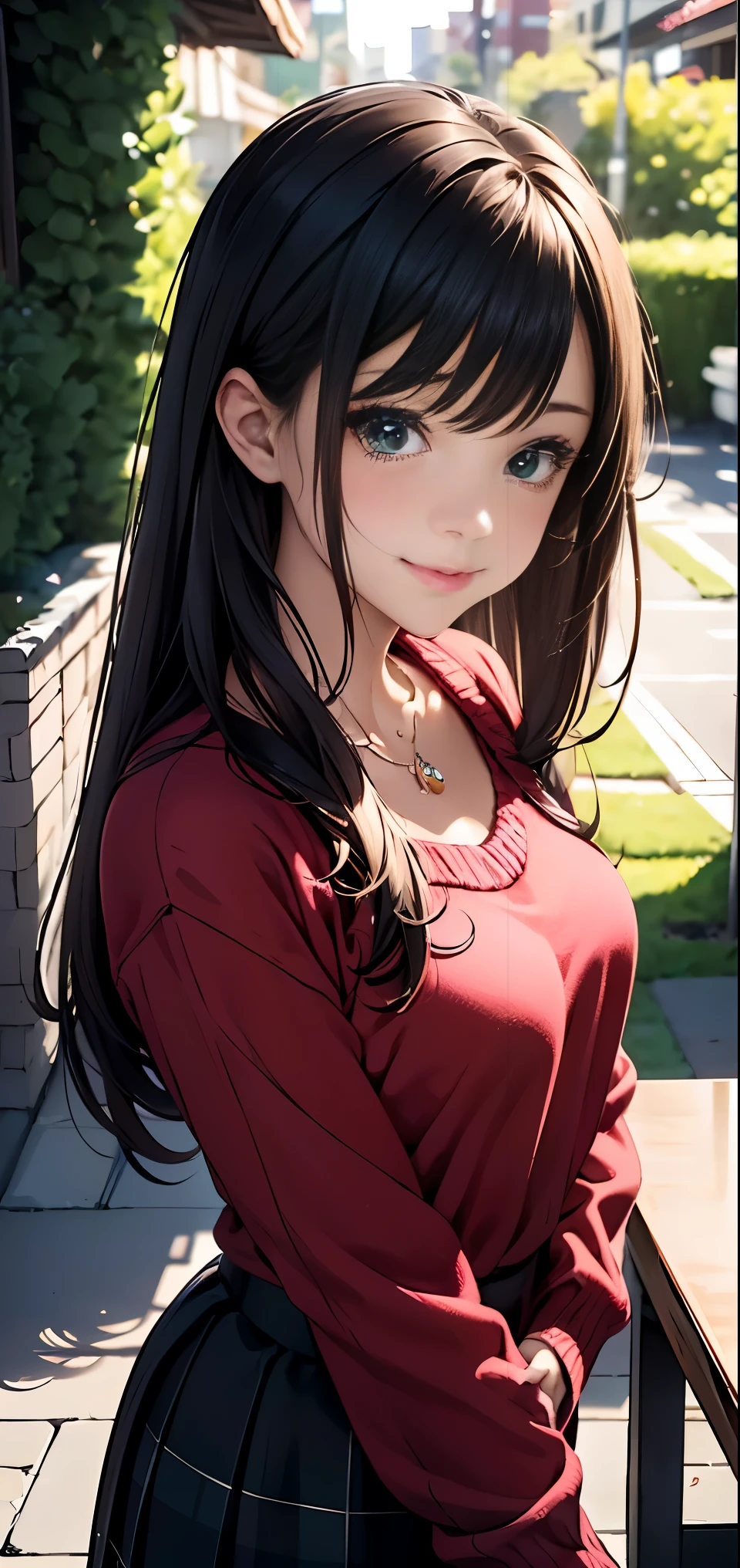 ((table top, highest quality, High resolution, nffsw, perfect pixel, Depth of written boundary, 4k, nffsw, nffsw))), 1 girl, single, alone, beautiful anime girl, beautiful art style, anime character, ((long hair, bangs, brown hair)), ((green eyes:1.4, round eyes, beautiful eyelashes, realistic eyes)), ((detailed face, blush:1.2)), ((smooth texture:0.75, realistic texture:0.65, realistic:1.1, Anime CG style)),  dynamic angle, ((black sweater, long sleeve, black skirt, plaid skirt, Snazzy, 1 diamond necklace)), smile,  amusement park, ((cherry blossoms, cherry blossomsの花が散る))