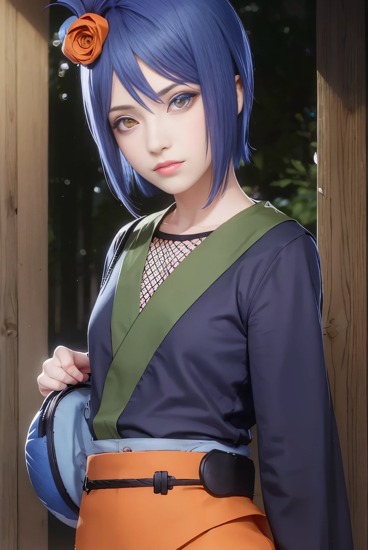 konan, konan, blue hair, (orange eyes:1.5), short hair, hair ornament, flower, hair flower,
BREAK fishnets, japanese clothes, skirt,
BREAK cowboy shot, looking at viewer,
BREAK outdoors,
BREAK (masterpiece:1.2), best quality, high resolution, unity 8k wallpaper, (illustration:0.8), (beautiful detailed eyes:1.6), extremely detailed face, perfect lighting, extremely detailed CG, (perfect hands, perfect anatomy),