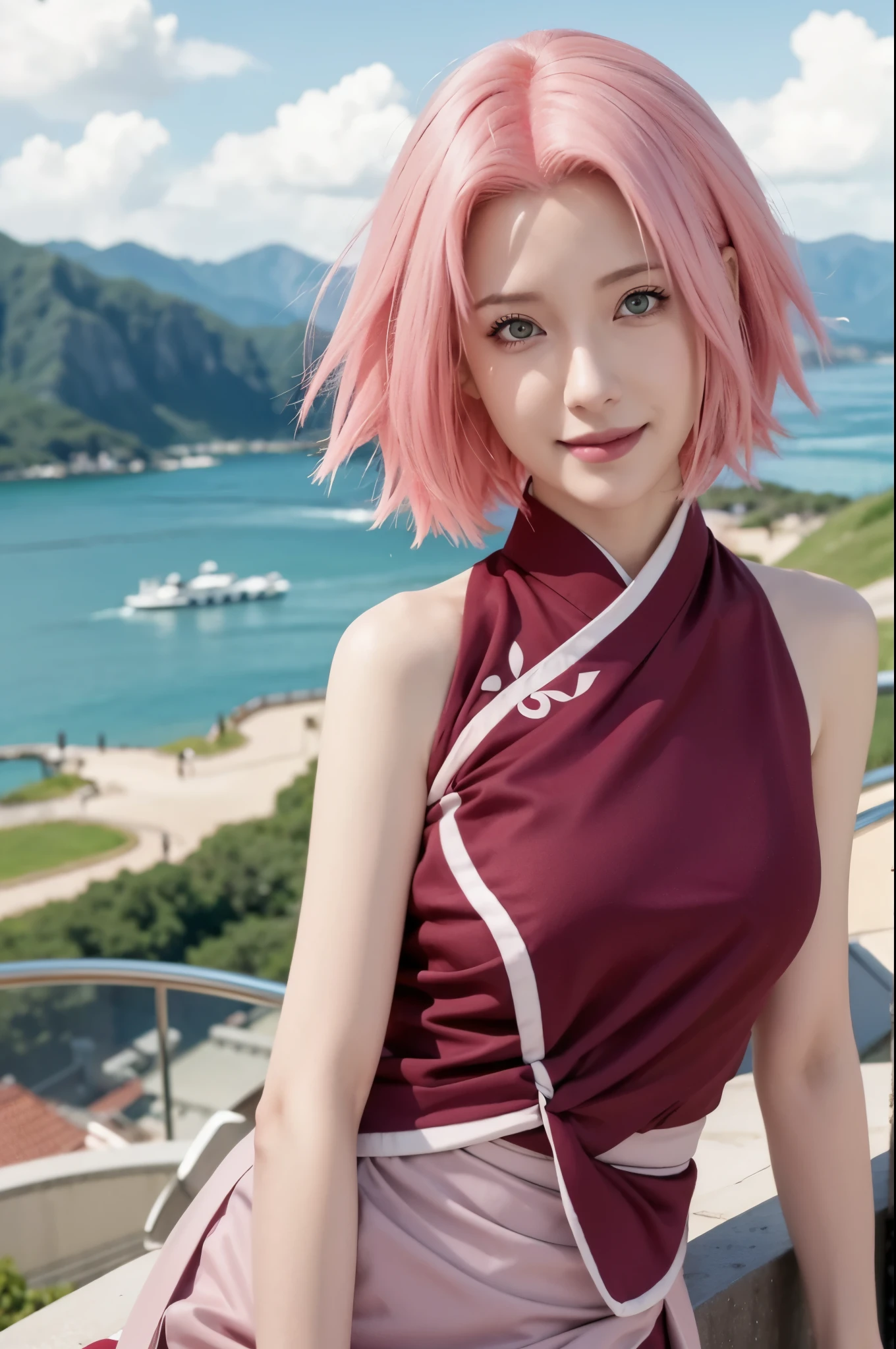 1fimale, sakura haruno no anime naruto shippuuden, cabelo curto, cabelo rosa, olhos verdes, roupas de quimono vermelho, rosto bonito, Olhos lindos, sorriso, konohagakure symbol, lábios vermelhos, realista, ultra detalhe, cidade de fundo