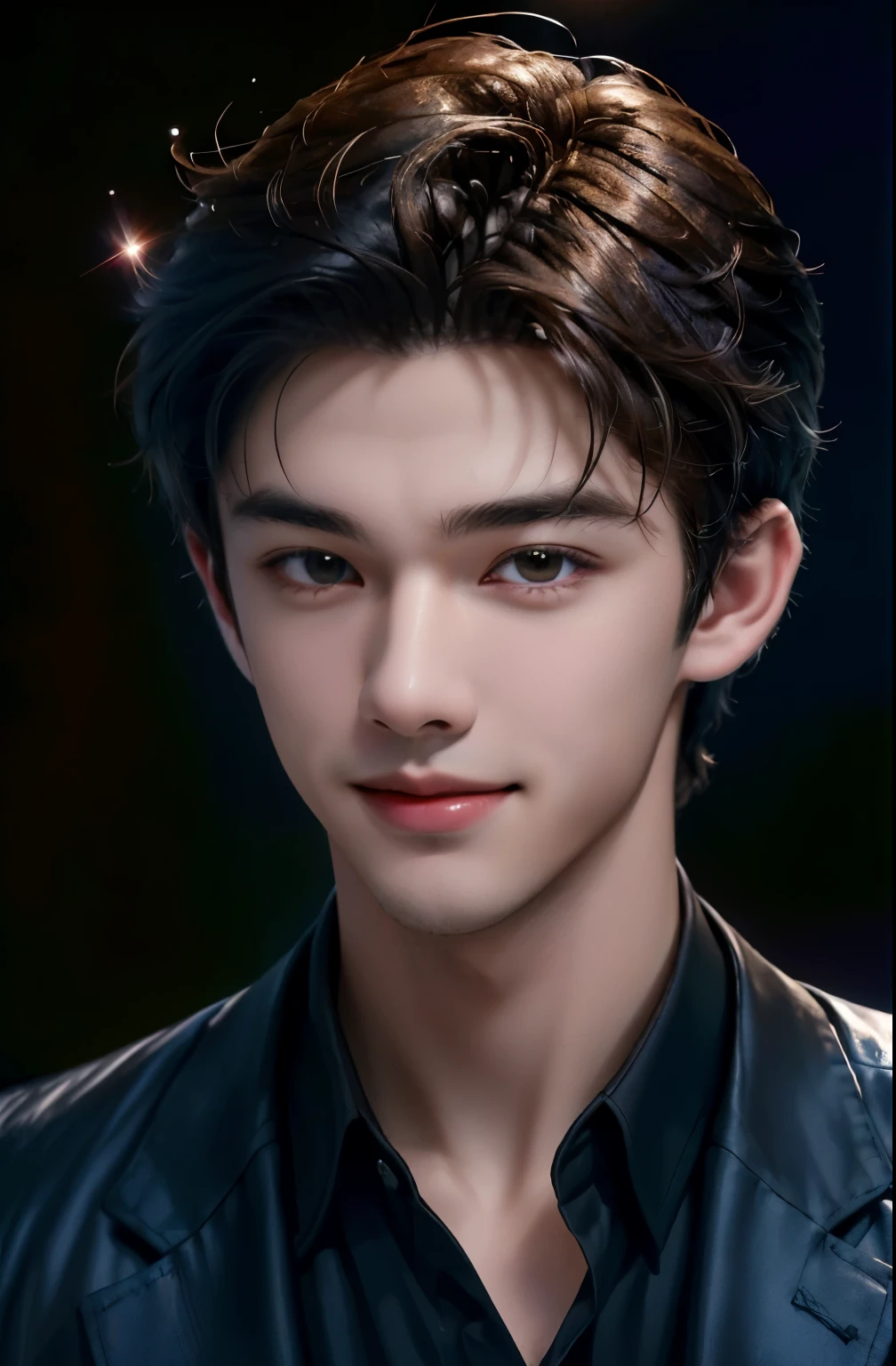 close-up, Editorial photo of a very handsome 18 year old guy, very detailed face, mysterious smilesmile ,capricious, happy , Very good boy, rich colors ,Hyperrealistic ,realistic texture, spectacular lighting , portrait of a boy on a black background . where his black hair and clothes blend into the black background . Highest quality photography !