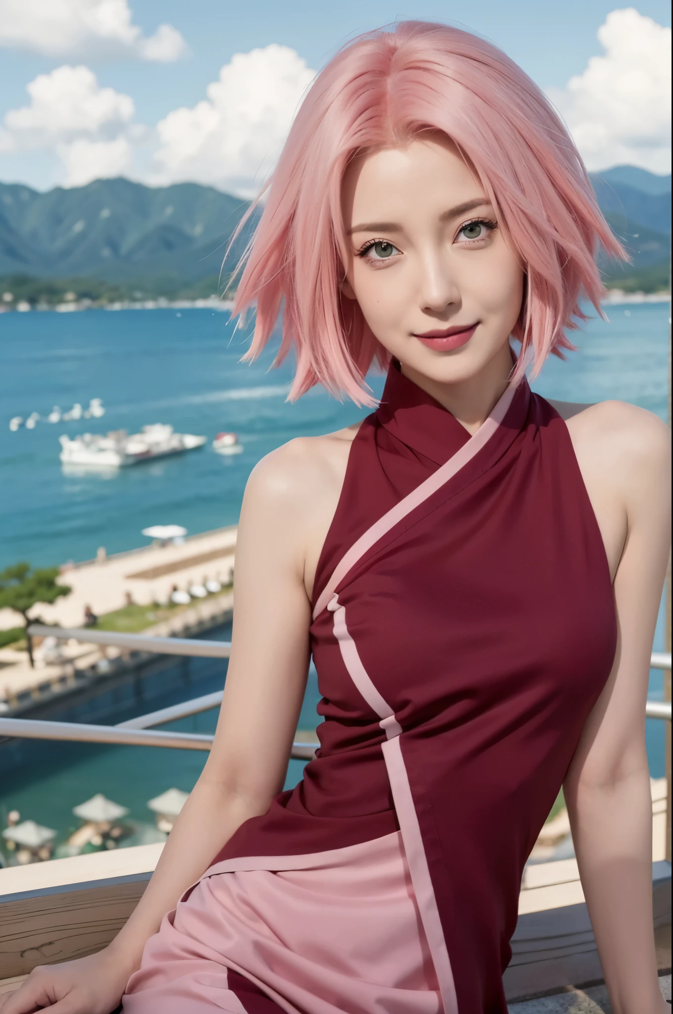 1fimale, sakura haruno in anime naruto shippuden, short hair, pink hair, green eyes, red kimono clothes, beautiful face, beautiful eyes, smile, konohagakure symbol, red lips, realistic, ultra detail, background city