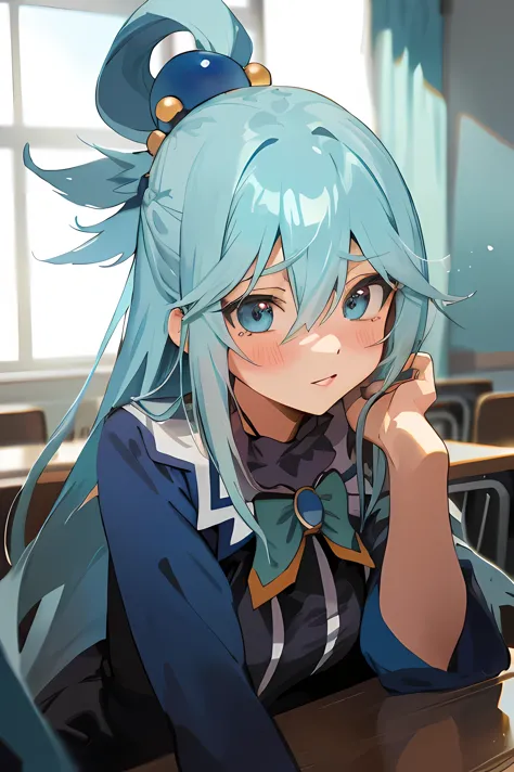 (aqua's detailed blue hair,blush,long hair between the eyes,hairpin in hair,shy,1girl,classroom,medium:aqua's anime konosuba sty...