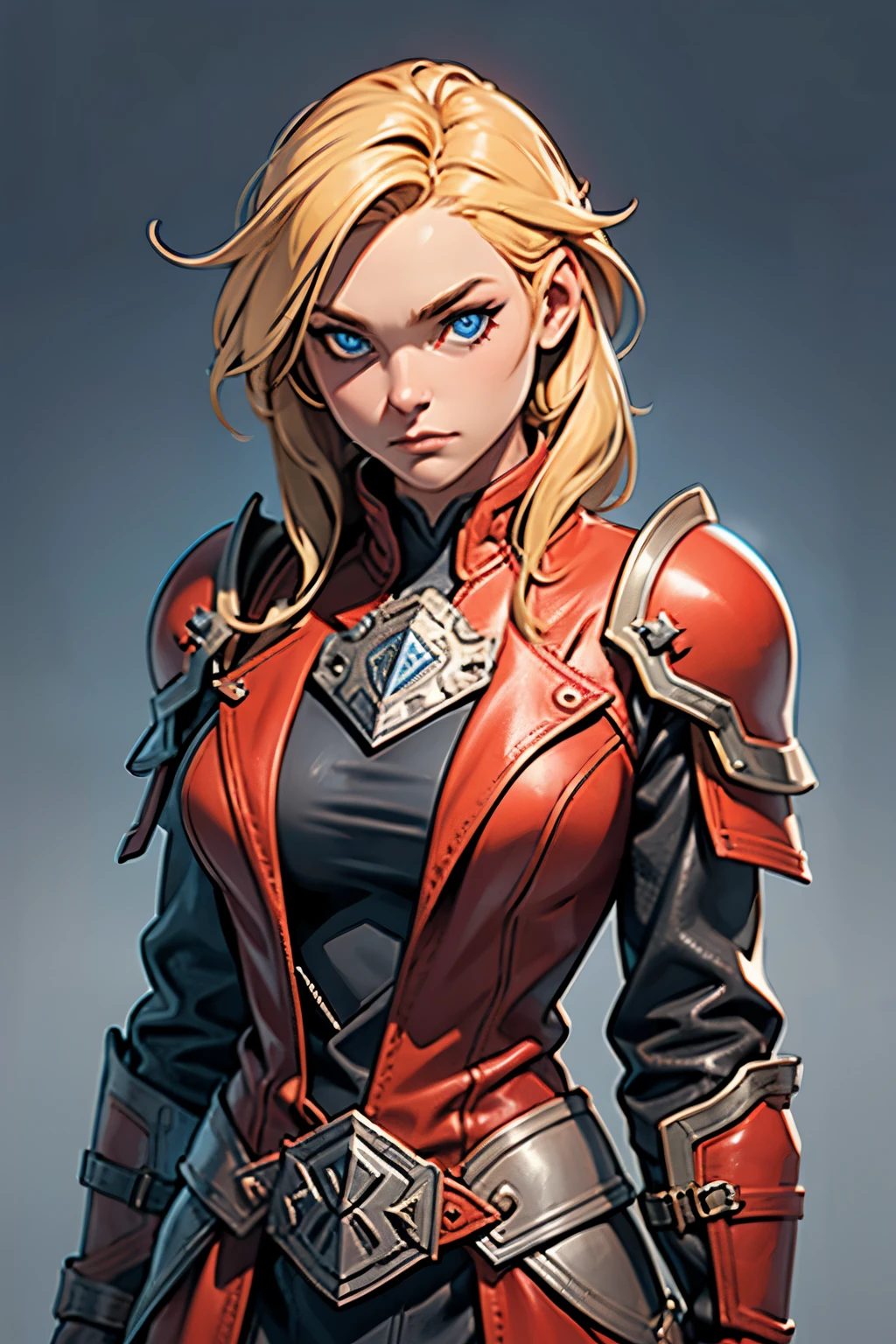 1 girl, viking, blond hair, blue eyes, leather armor, gray clothes, red clothes, dark clothes, noble lady, thief, fantasy