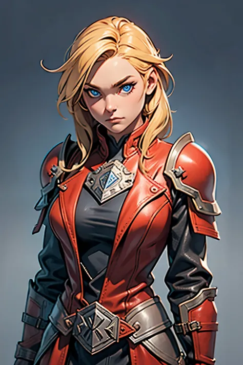 1 girl, viking, blond hair, blue eyes, leather armor, gray clothes, red clothes, dark clothes, noble lady, thief, fantasy