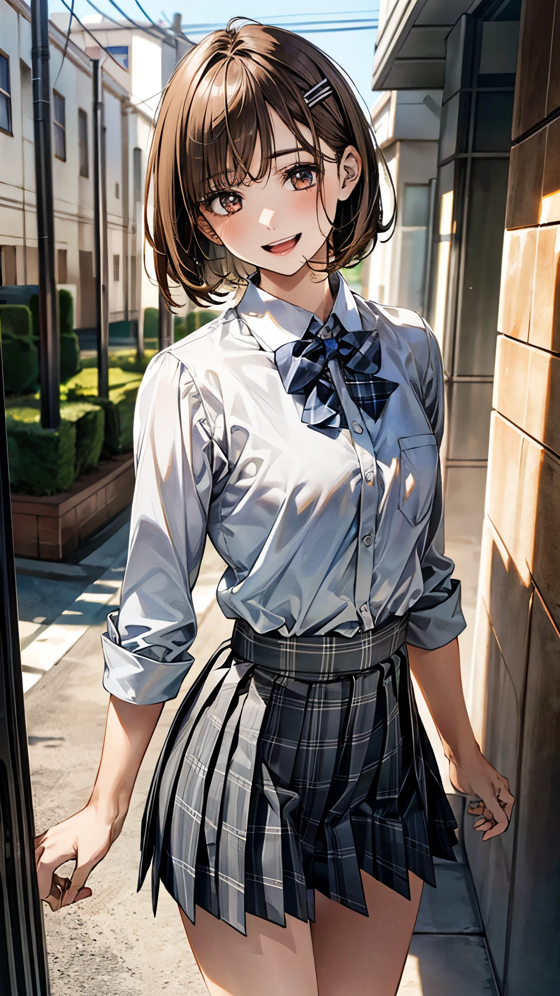 (masterpiece:1.2, top-quality), (realistic, photorealistic:1.4), beautiful illustration, (natural side lighting, movie lighting), , 
looking at viewer, full body, 1 girl, high school girl, japanese, perfect face, perfect anatomy, cute and symmetrical face, small face, round face, shiny skin, 
(short hair:1.6, bob cut:1.5, orange brown hair), swept bangs, long horizontal bangs, hair clips, red brown eyes, long eye lasher, (middle breasts), slender, 
beautiful hair, beautiful face, beautiful detailed eyes, beautiful clavicle, beautiful body, beautiful chest, beautiful thigh, beautiful legs, beautiful fingers, 
((symmetrical clothing, white collared shirts, gray pleated mini skirt), blue plaid bow tie), , 
(beautiful scenery), depth of field, morning, (outdoors), walking, (smile, open mouth), 