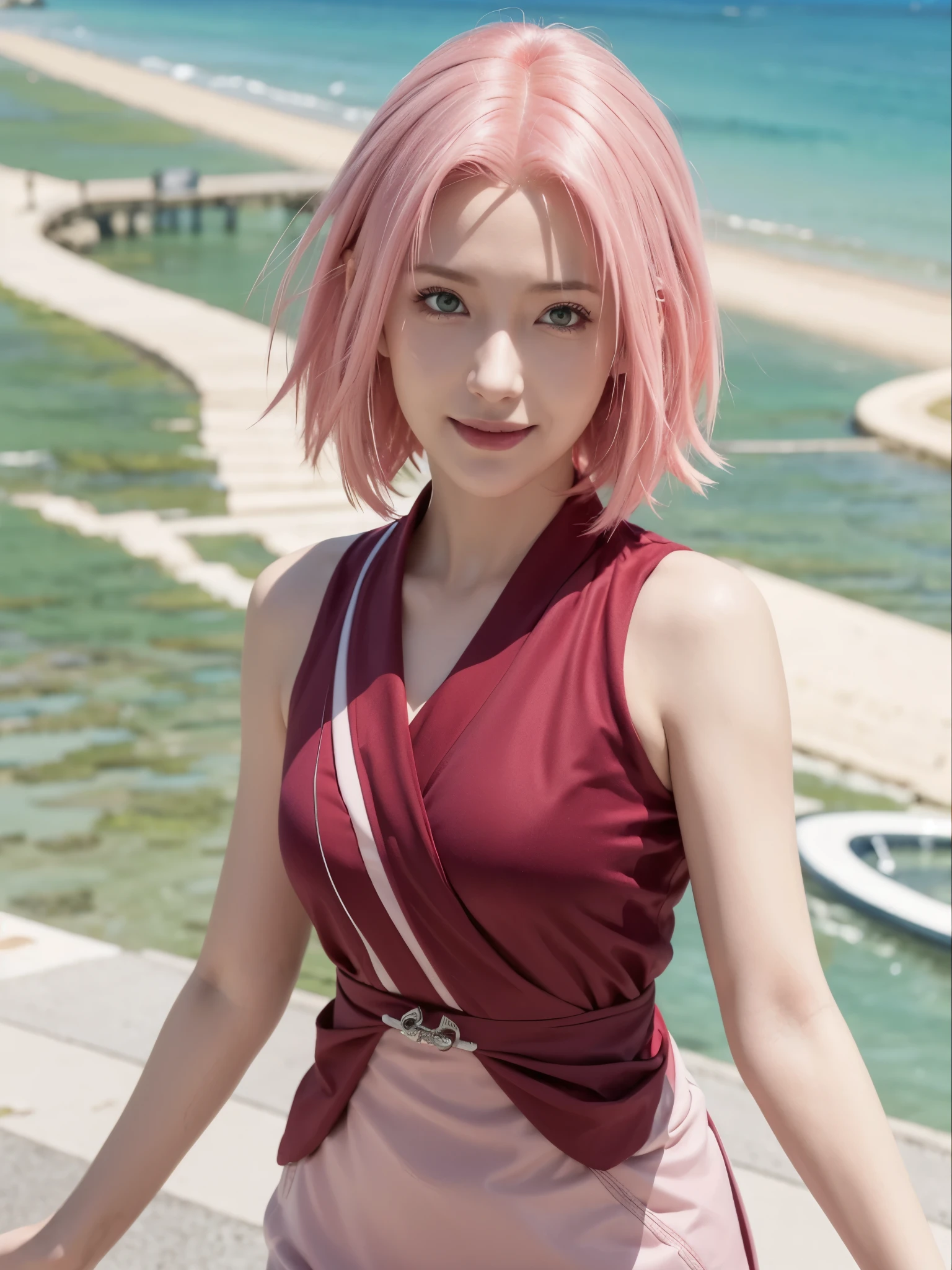 1fimale, sakura haruno in anime naruto shippuden, short hair, pink hair, green eyes, red kimono clothes, beautiful face, beautiful eyes, smile, konohagakure symbol, red lips, realistic, ultra detail, background city