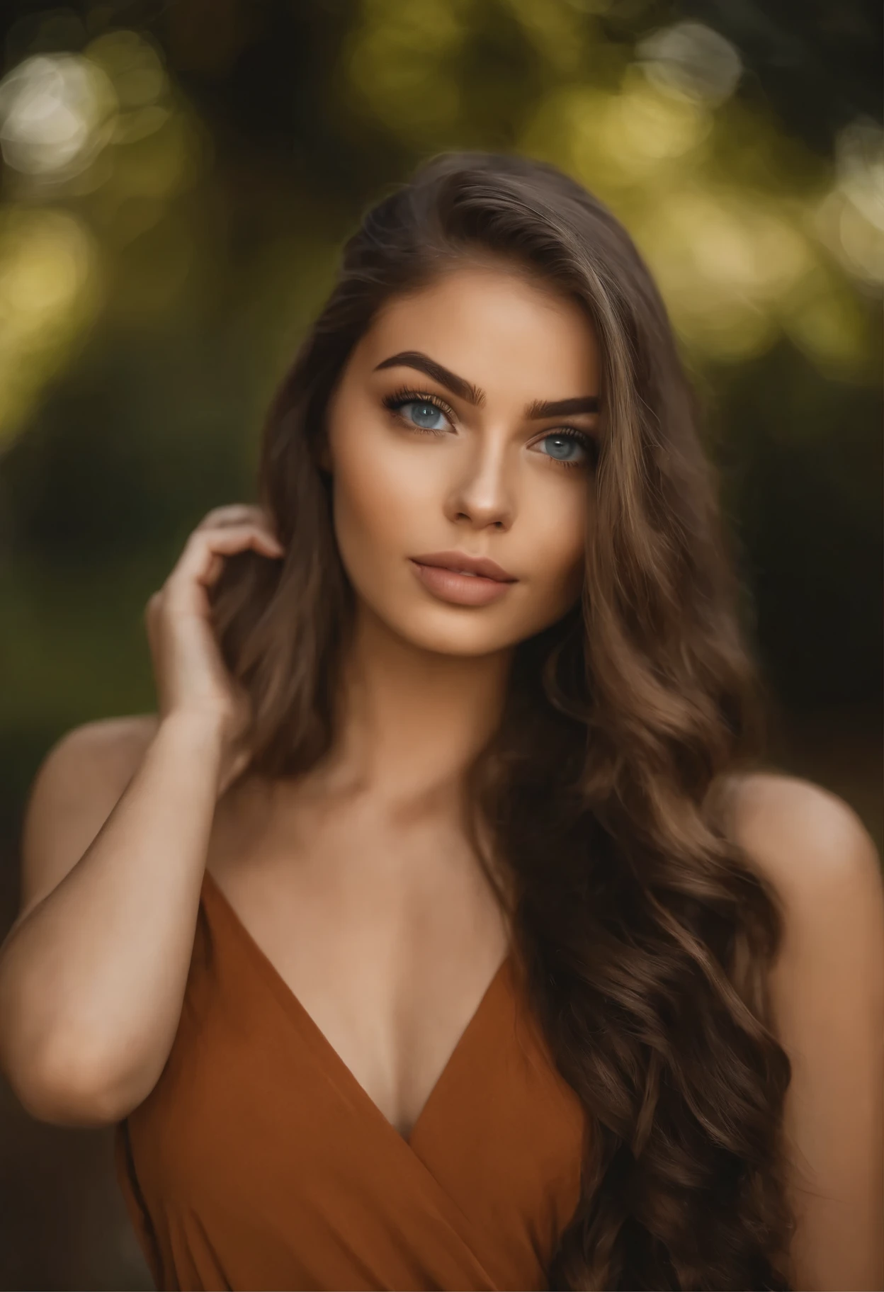 A close up of a woman with long brown hair wearing a brown dress - SeaArt AI