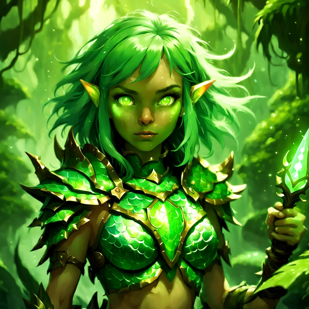 elf with shaggy green hair and covered in green scales and wearing scaled platted armor with glowing green mana swirling around ...