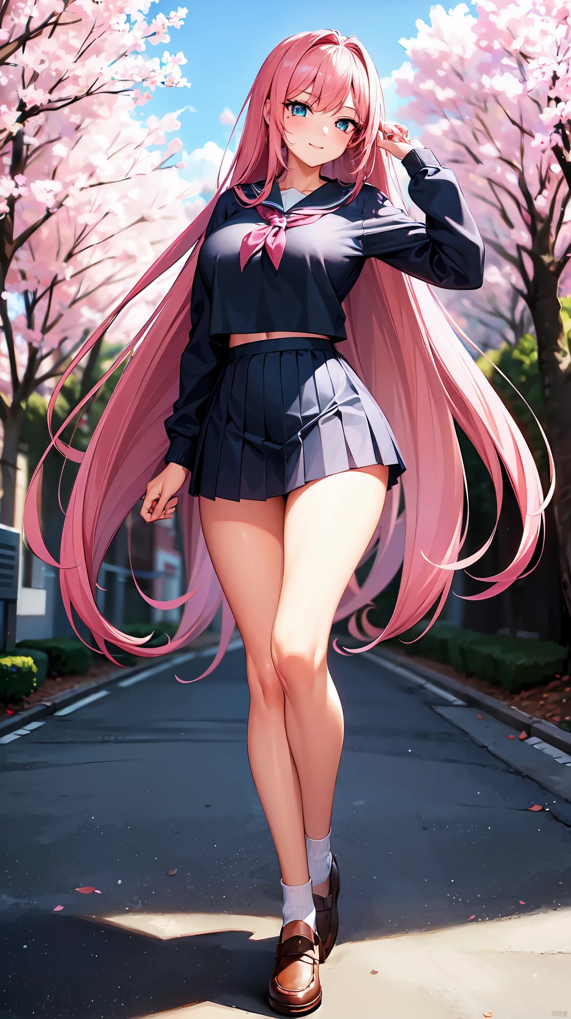 (gigantic breast), beautiful breast, best-quality, 8k quality, masterpiece, 1girl, high school girl, pink hair, long hair, beautiful detailed blue eyes, perfect eyes, full body, neat long sleeve school sailor suit, April, school zone, cherry blossom trees, lightsmile, front view, plain navy blue school skirt, school sailor scarf, perfect fingers, perfect anatomy, perfect face, sharp outline