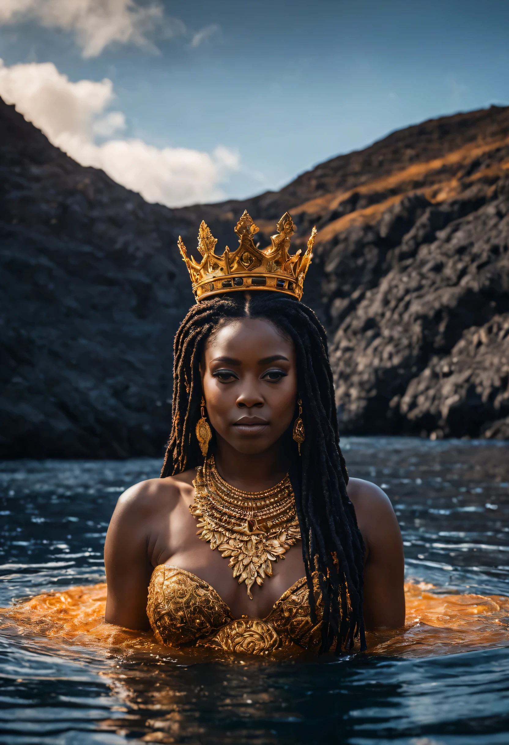 A beautiful earth filled with water and lava, intricate, masterpiece, expert, insanely detailed, 4k, composition, framing, centered, symmetry, painted, intricate, volumetric lighting, beautiful, rich deep colors masterpiece, sharp focus, ultra detailed, in the style of dan Mumford and marc Simonetti, astrophotography, a stylized African American woman with honey gold and black voluminous, goddess locs adorned with a golden crown standing in the center of the water