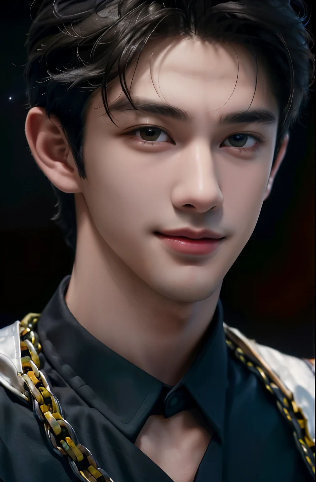 close-up, Editorial photo of a very handsome 18 year old guy, very detailed face, mysterious smilesmile ,capricious, happy , Very good boy, rich colors ,Hyperrealistic ,realistic texture, spectacular lighting , portrait of a boy on a black background . where his black hair and clothes blend into the black background . Highest quality photography !