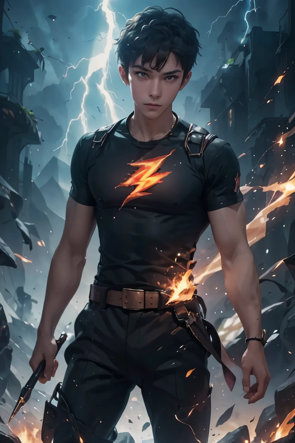 Photo of a boy - boyish, sloppy appearance: mulatto woman with short black tousled hair,  magic wand shoots lightning ! on the other side there is a fireball, black T-shirt, flame, elegant, digital painting, a piece of fantasy art of the highest quality. 