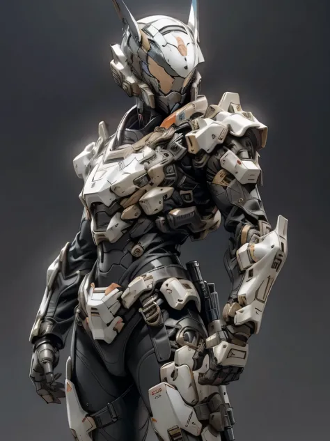 ((masterpiece、highest quality、Super detailed、High resolution、realistic、sharp focus、cinematic lighting))、1 adult female、supple physique、Feminine body shape、カウボーstomachショット、ハstomachコントラスト、military black reinforced armor suit、Helmet that covers the head and f...