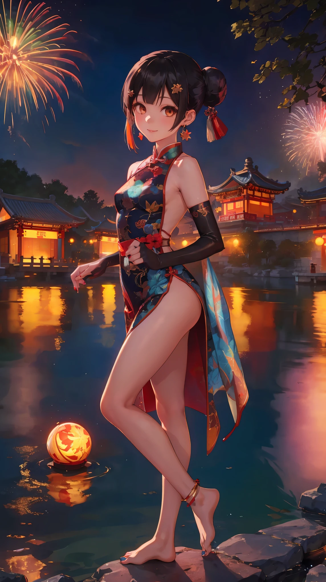 (wide shot),1girl, (Miyu Edelfelt),loli,black hair,brown eyes,seductive smile,nsfw, barefoot, see-through dress, butterfly, butterfly hair ornament, backless dress, chinese clothes,sleeveless, double bun,golden dragon print,bare foot,,elbow gloves,hair bun, hair ornament,jewelry,earrings,anklet,slim legs,nail polish, small breasts, solo, toenail polish, toenails, toes, twintails,outdoor,Chinese style architecture, Chinese style, lake, ancient town, beautiful and meticulous water,the red lantern,fireworks,