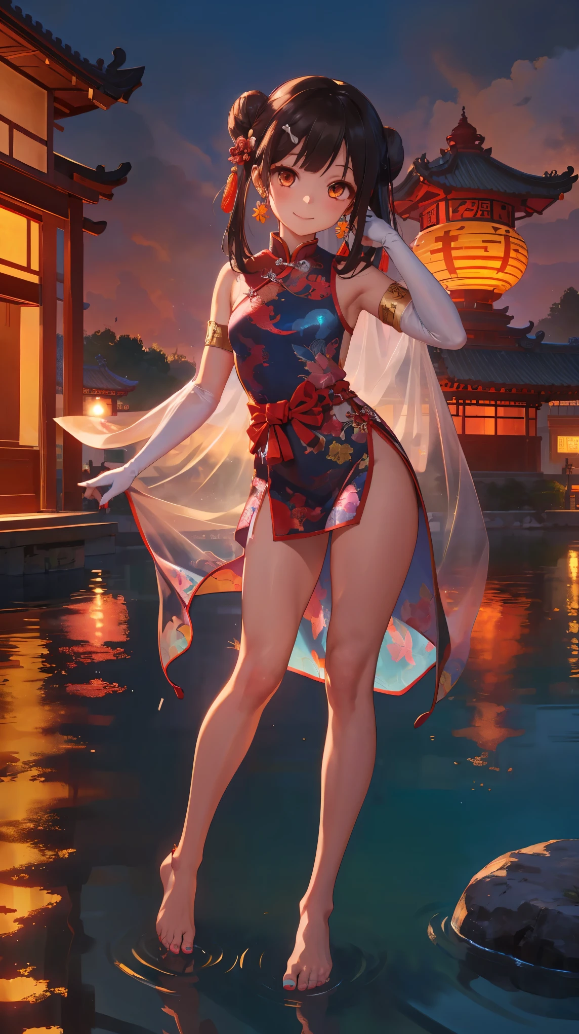 (wide shot),1girl, (Miyu Edelfelt),loli,black hair,brown eyes,seductive smile,nsfw, barefoot, see-through dress, butterfly, butterfly hair ornament, backless dress, chinese clothes,sleeveless, double bun,golden dragon print,bare foot,,elbow gloves,hair bun, hair ornament,jewelry,earrings,anklet,slim legs,nail polish, small breasts, solo, toenail polish, toenails, toes, twintails,outdoor,Chinese style architecture, Chinese style, lake, ancient town, beautiful and meticulous water,the red lantern,fireworks,