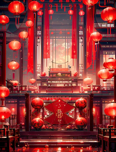 chinese red lantern festival, night，lanterns hanging in the air，there are many lanterns hanging around，surrounded by a warm and ...