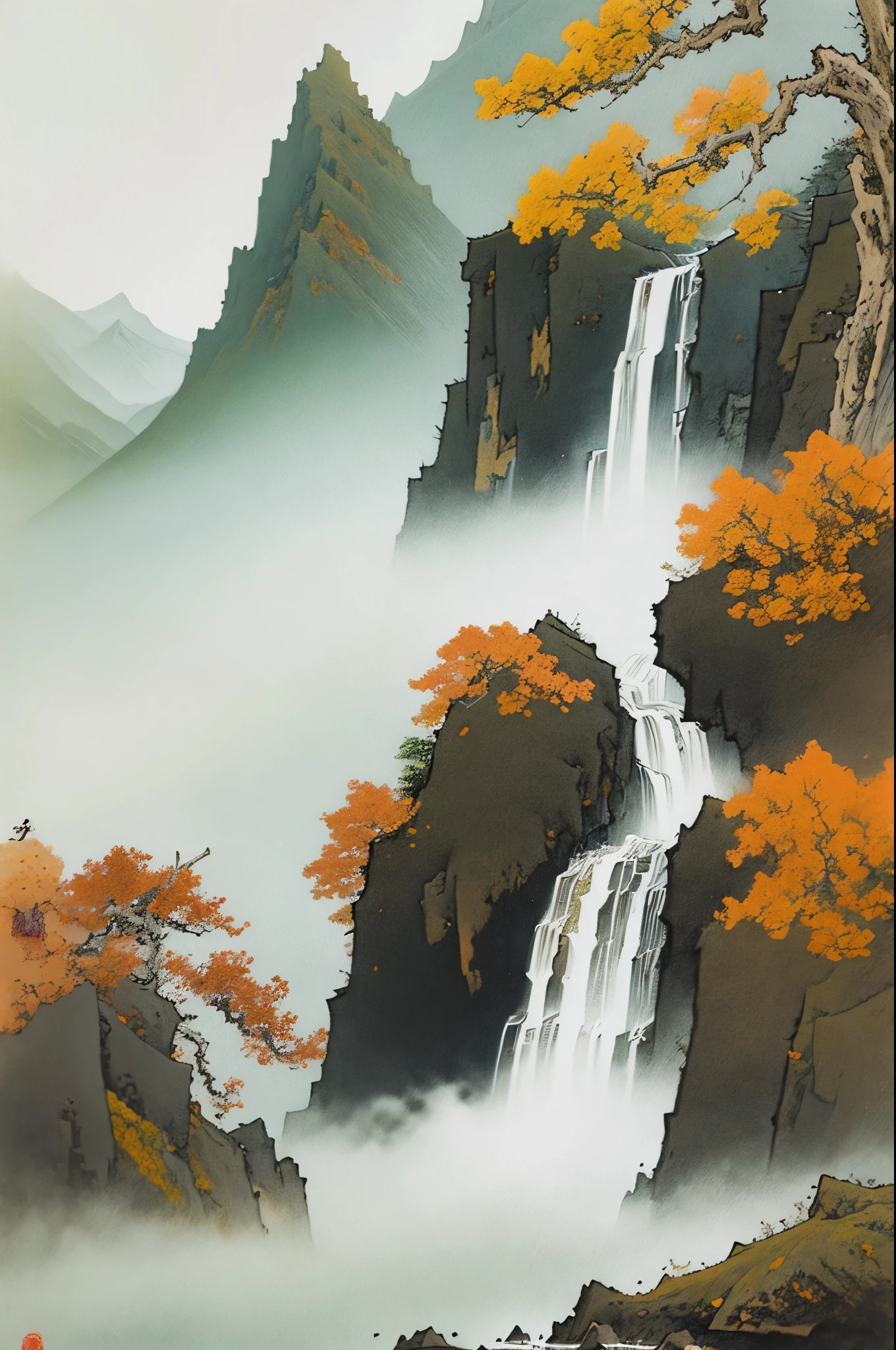 mountainous landscape,traditional Chinese painting style,calm and serene atmosphere,waterfall cascading down the mountains,ancient pine trees dotting the slopes,soft mist enveloping the peaks,colorful blooms in the foreground,subtle brushwork and ink wash techniques,impressionistic touches to evoke a sense of tranquility,sublime beauty of nature captured in delicate brushstrokes,masterpiece:1.2,ultra-detailed,highres,vivid colors,rhythmic composition,sublime sense of scale and depth,majestic and awe-inspiring scenery,harmonious balance between void and substance,poetic and dreamlike atmosphere，style